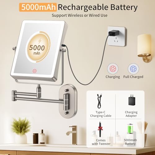 FUNTOUCH 5000mAh Rechargeable Wall Mounted Makeup Mirror with Lights