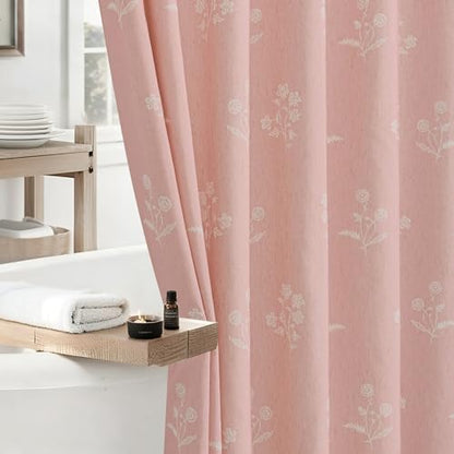 ORTIGIA Pink Linen Shower Curtain Farmhouse Vintage Floral Light Blush Pink Shower Curtains Boho Rustic Block Print Cottagecore Decor for Bathroom 72 W x 72 L