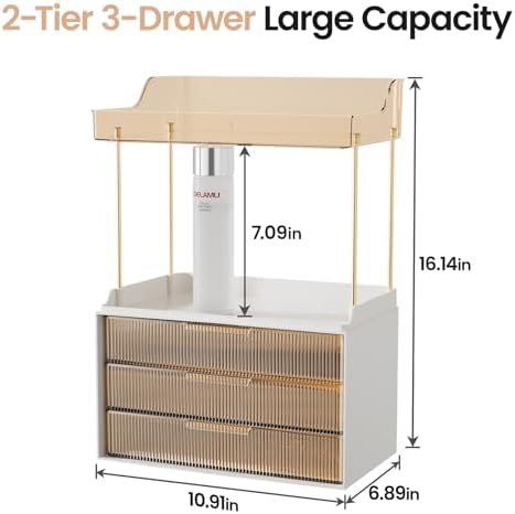 Delamu 5-Tier Makeup Organizer, Bathroom Counter Storage, 3 Drawers, Amber