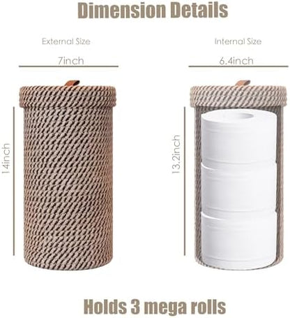 Handmade Cotton & Jute Toilet Paper Holder – Woven Toilet Paper Stand & Storage Basket with Lid, Freestanding Organizer for Bathroom, Fits 3 Mega Rolls 14" x 7''
