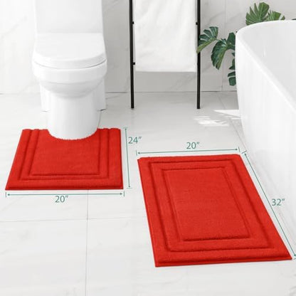 HOMEIDEAS Bathroom Rugs Sets 2 Piece, Super Soft and Absorbent Non Slip Microfiber Machine Washable Bath Mat Set (20"x32"+U20 x24, Red)