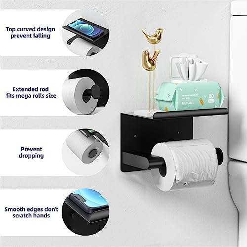 GLNLQ Matte Black Toilet Paper Holder with Shelf, Fits Mega Rolls Size