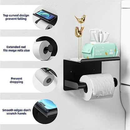GLNLQ Matte Black Toilet Paper Holder with Shelf, Fits Mega Rolls Size