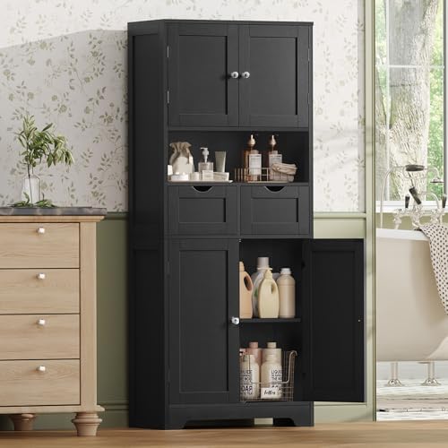 TEENFON Tall Bathroom Storage Cabinet with 4 Doors & 2 Adjustable Shelves