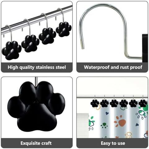 12-Piece Cat Paw Print Shower Curtain Hooks for Bathroom
