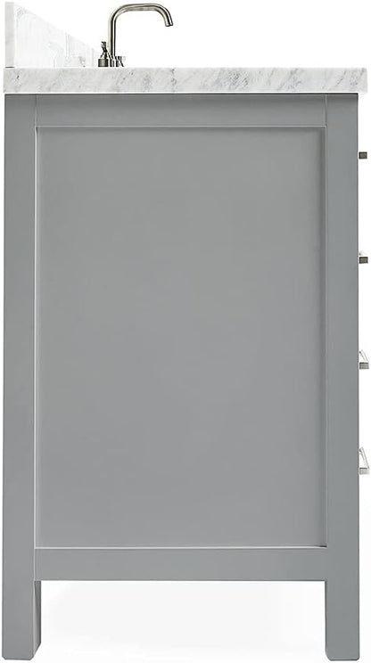 ARIEL Cambridge 42-inch Bathroom Vanity with Sink,Solid Wood, 1.5-inch Italian Carrara Marble Countertop, Single Rectangular Porcelain Sink, 2 Soft Closing Doors, 5 Dovetail Drawers, Grey