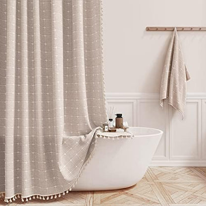 BTTN 60x72 Boho Farmhouse Linen Heavy Duty Shower Curtain Set, Tan/Taupe