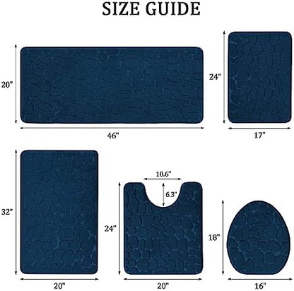 YIHOUSE Bathroom Rugs Mat Set, Memory Foam Bath Mat 5 Piece Navy Blue