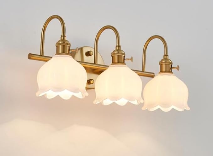 Bathroom Light Fixtures, 3-Light Brass Vanity Wall Light with Amber Tulip Glass Shades, Vintage Wall Sconce Over Mirror for Bathroom, Bedroom, Living Room (Bulbs Not Included) (White, 3-Light)