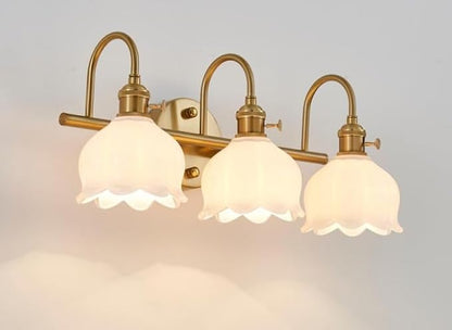 Bathroom Light Fixtures, 3-Light Brass Vanity Wall Light with Amber Tulip Glass Shades, Vintage Wall Sconce Over Mirror for Bathroom, Bedroom, Living Room (Bulbs Not Included) (White, 3-Light)