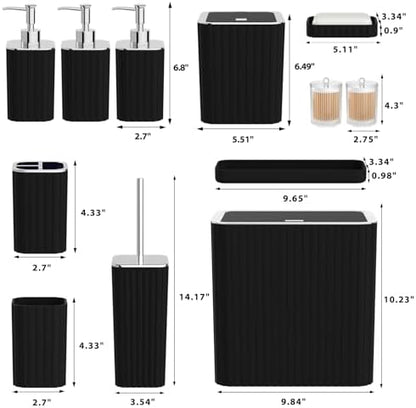 Bathroom Accessory Set - Bathroom Set, 12PC Bathroom Accessory Set, Black Bathroom Accessories Set, Mini Trash Can, Toilet Brush, Trash Can & Soap Dispenser