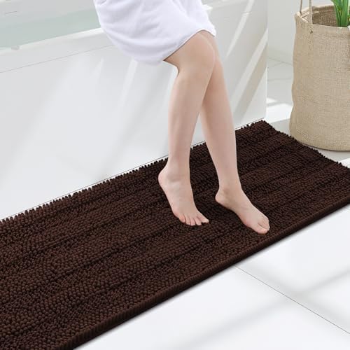 Grandaily Chenille Striped Bathroom Rugs 47x17, Extra Thick and Soft Absorbent Bath Mats, Rubber Backing, Plush Shaggy Shower Carpet, Machine Wash Dry, Bath Rug for Bathroom, Dark Brown