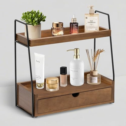 2-Tier Bathroom Countertop Organizer with Drawer, Wood Vanity Shelf Brown