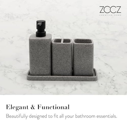 ZCCZ Bathroom Accessory Sets, 4 Pieces Bathroom Accessories Complete Set Vanity Countertop Accessory Set, Includes Lotion Dispenser Soap Pump, Tumbler, Toothbrush Holder and Tray (Grey)