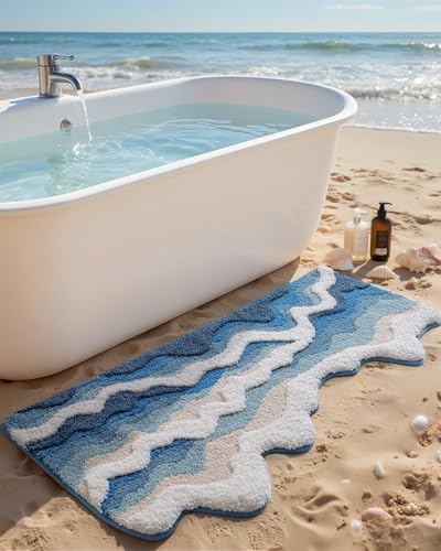 DEXI Cute Bath Mat, Sea Ocean Wave Bathroom Rugs, 34x21 Blue