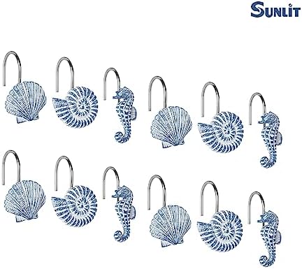Sunlit Seashells Decorative Shower Curtain Hooks, Sky Blue Ocean Creatures Coastal Shower Curtain Rings, Resin, Nautical Bathroom Decoration Beach Shower Curtain Hooks-12 Pack