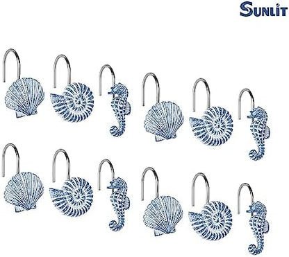 Sunlit Seashells Decorative Shower Curtain Hooks, Sky Blue Ocean Creatures Coastal Shower Curtain Rings, Resin, Nautical Bathroom Decoration Beach Shower Curtain Hooks-12 Pack
