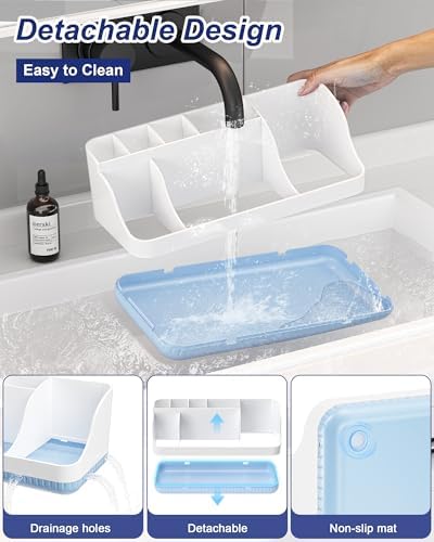 Bathroom Counter Organizer and Storage with 2 Pack Qtip Holder Dispenser, 7 Slots Detachable Toothbrush Holders for Bathrooms, Anti-Slip Electric Toothbrush and Toothpaste Holder Countertop