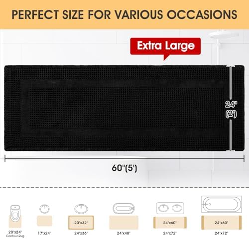 IM HOME Extra Large Waffle Bath Mat, Boho Bathroom Rugs Absorbent Non Slip, Soft Bathroom Mats, Machine Washable Knit Bath Rugs with Tassels for Bathroom, Bedroom, Kitchen, Shower, Tub, Black, 5'x2'