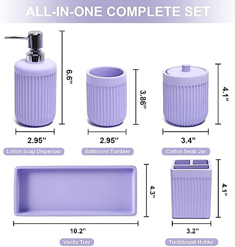 XLHOMO Resin Light Purple Bathroom Accessories Set 5 Pcs, Lotion Soap Dispenser, Toothbrush Holder, Bathroom Tumbler, Qtip Holder and Vanity Tray, Bathroom Countertop Organizer Set for Home Apartment