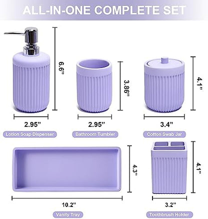 XLHOMO Resin Light Purple Bathroom Accessories Set 5 Pcs, Lotion Soap Dispenser, Toothbrush Holder, Bathroom Tumbler, Qtip Holder and Vanity Tray, Bathroom Countertop Organizer Set for Home Apartment