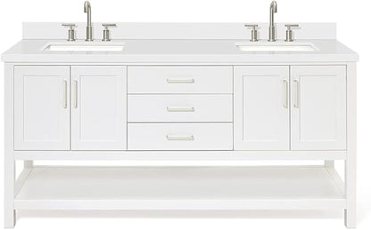 ARIEL Magnolia 72-inch Bathroom Vanity with Sink,Solid Wood, 1.5-inch Pure White Quartz Countertop & Backsplash, Double Rectangular Porcelain Sink, 4 Soft Closing Doors, 3 Dovetail Drawers, White