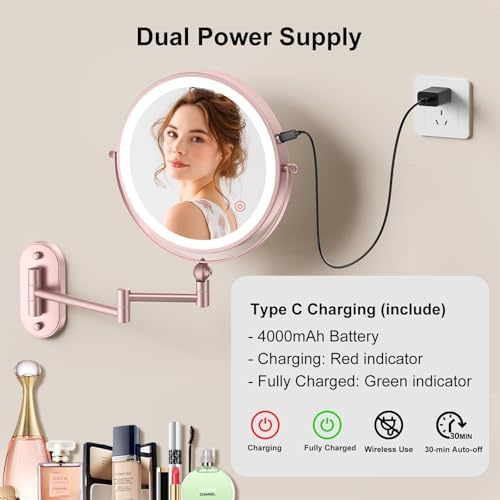 9" Wall Mounted Lighted Makeup Mirror,4000mAh Rechargeable Double Sided 1X/20X Magnifying Mirror with Light,Touch Dimmable,Extended Arm 360 Rotation Wall Mounted Makeup Mirror 3 Color Lights-Gold