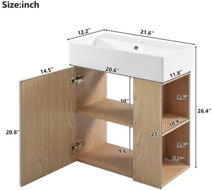 BNSPLY 22 Inch Floating Bathroom Vanity with Sink, Wall Mounted Bathroom Vanity Cabinet with Ceramic Sink, Modern Single Basin Vanities, Small Restroom Basin Cabinet with Right Side Storage, Wood