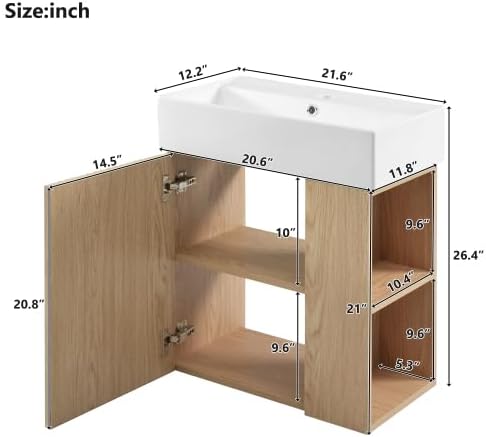 BNSPLY 22 Inch Floating Bathroom Vanity with Sink, Wall Mounted Bathroom Vanity Cabinet with Ceramic Sink, Modern Single Basin Vanities, Small Restroom Basin Cabinet with Right Side Storage, Wood