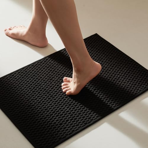 TYUU Black Bathroom Rugs Non Slip Washable, Super Absorbent Thin Bath Mat Quick Dry Low Pile Bathroom Rug, Black 20''x30''