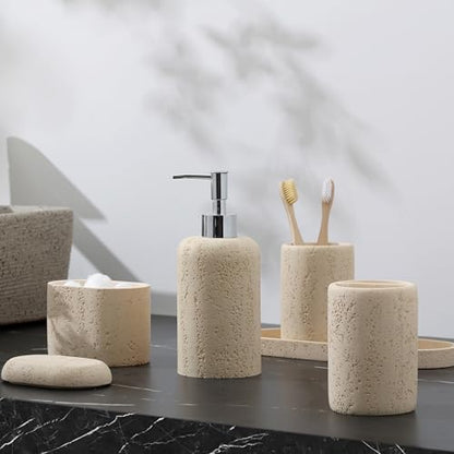 Bathroom Accessories Set, 5PCS, Travertine Stone Look, Yellow
