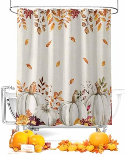 Shower Curtain Bathroom Set Thanksgiving Pumpkin Fall Orange Maple Leaf Watercolor Waterproof Shower Curtains with Grommets Hooks Vintage Linen Privacy Bath Curtain for Bathtub Decor 72x72in