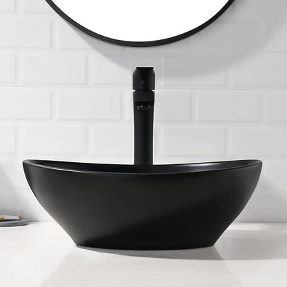 16x13 Matte Black Vessel Sink With Faucet and Drain Combo - Oval Porcelain Ceramic Above Counter Bathroom Sink