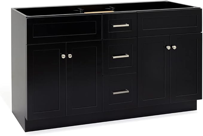 ARIEL Hamlet 60-inch Bathroom Vanity Base Cabinet,Solid Wood, 4 Soft Closing Doors, 3 Dovetail Drawers, Brushed Nickel, Black
