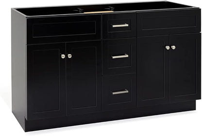 ARIEL Hamlet 60-inch Bathroom Vanity Base Cabinet,Solid Wood, 4 Soft Closing Doors, 3 Dovetail Drawers, Brushed Nickel, Black