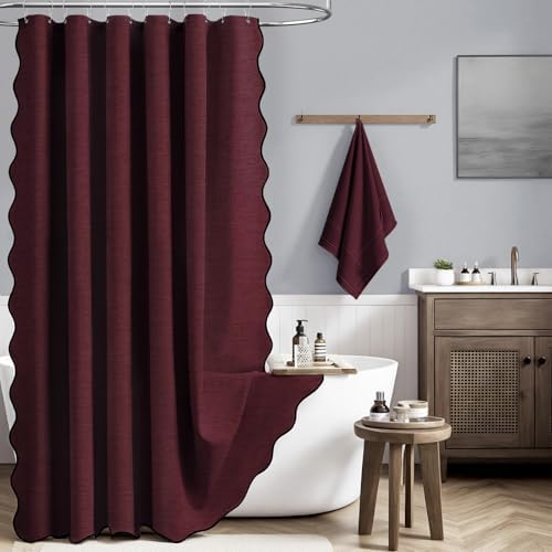 BTTN Burgundy Boho Scalloped Linen Textured Cloth Shower Curtain Set, 72x72