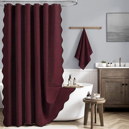 BTTN Burgundy Boho Scalloped Linen Textured Cloth Shower Curtain Set, 72x72