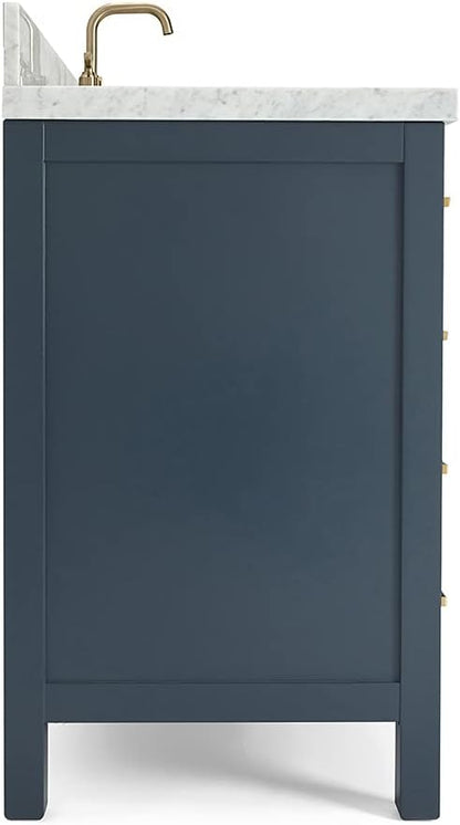 ARIEL Cambridge 36-inch Bathroom Vanity with Sink,Solid Wood, 1.5-inch Italian Carrara Marble Countertop, Single Rectangular Porcelain Sink, 2 Soft Closing Doors, 5 Dovetail Drawers, Midnight Blue