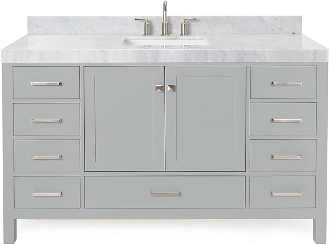 ARIEL Cambridge 60-inch Bathroom Vanity with Sink,Solid Wood, 2-inch Italian Carrara Marble Countertop, Single Rectangular Porcelain Sink, 2 Soft Closing Doors, 9 Dovetail Drawers, Grey