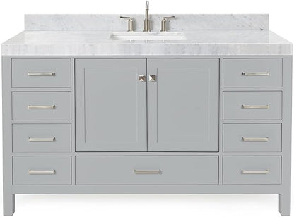 ARIEL Cambridge 60-inch Bathroom Vanity with Sink,Solid Wood, 2-inch Italian Carrara Marble Countertop, Single Rectangular Porcelain Sink, 2 Soft Closing Doors, 9 Dovetail Drawers, Grey
