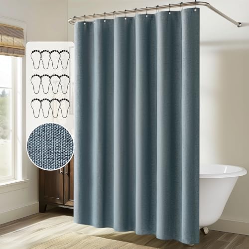 MIULEE Linen Fabric Shower Curtain Dusty Blue W72*L78 12 Metal Hooks