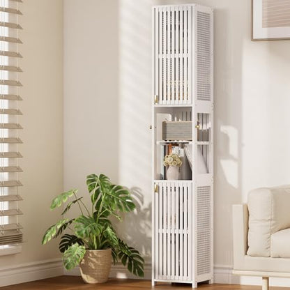 Amazer White Bathroom Storage Cabinet 70'', Bamboo Slim Storage Cabinet with Rattan Door and Adjustable Shelves, Narrow Freestanding Organizer for Living Room Kitchen