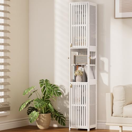 Amazer White Bathroom Storage Cabinet 70'', Bamboo Slim Storage Cabinet with Rattan Door and Adjustable Shelves, Narrow Freestanding Organizer for Living Room Kitchen