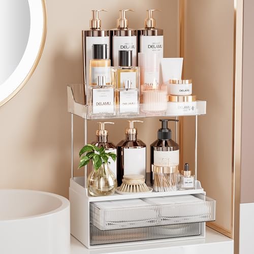 Delamu 4-Tier Makeup Organizer, Bathroom Counter Storage, 2 Drawers,Clear