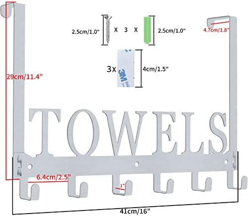 Over The Door Hooks, Towel Rack for Bathroom, Door Mount Towel Hooks Bath Towel Hanger for Bedroom Kitchen Pool Beach Towels Bathrobe Wall Mount Towel Holder for Bathrooms (6 Hooks, Silver Grey)