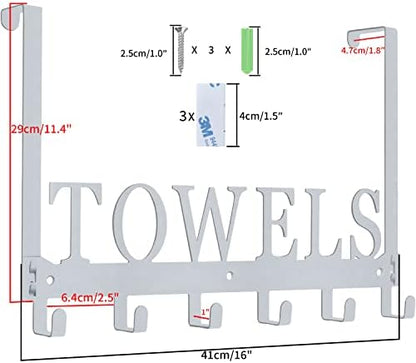 Over The Door Hooks, Towel Rack for Bathroom, Door Mount Towel Hooks Bath Towel Hanger for Bedroom Kitchen Pool Beach Towels Bathrobe Wall Mount Towel Holder for Bathrooms (6 Hooks, Silver Grey)