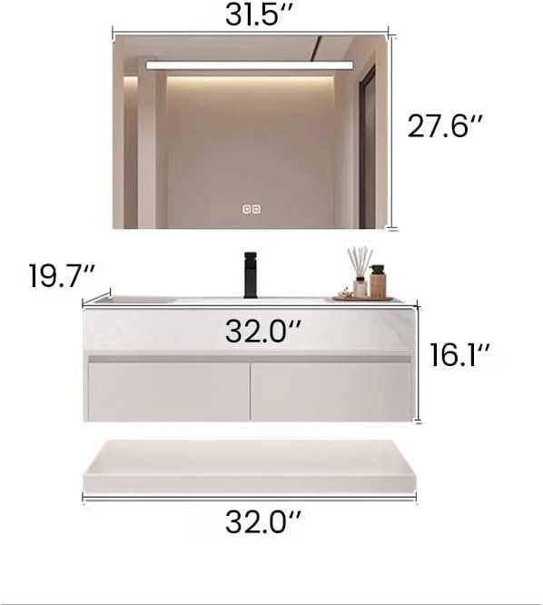 32" Modern Bathroom Vanity Set with LED Mirror, Seamless Design with Ceramic Sink & Quartz Countertop, Paint-Free Multi-Layer Solid Wood Cabinet, Soft-Close Doors, White‌