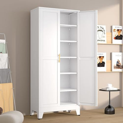 Metal Pantry Cabinet with 2 Doors and 5 Adjustable Shelves, 75"Kitchen Storage cabinets with Gold Handles, Versatile Storage for Laundry Room, Living Room, Bathroom, Dinning Room, Utility Room-White
