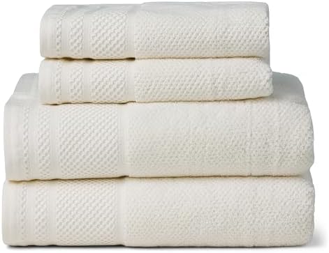 Texere 100% Organic Cotton Rice Weave Jacquard 700 GSM Luxury Bath Towel Sets - Ultra Soft and Absorbent Hotel and Spa Quality (Rice Weave, Cream, 2 Bath & 2 Hand Towels)