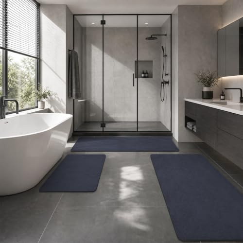 MontVoo -Bath Mat Rug-Rubber Backing Non Slip Quick Dry Absorbent Thin Bathroom Rugs Fit Under Door-Faux Suede Surface Bathroom Floor Mats-Shower Rug for in Front of Bathtub Shower Navy 24"x48"